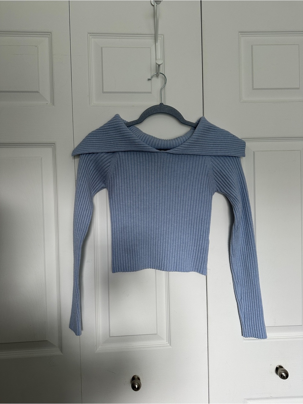 Bershka Light Blue Ribbed Foldover Neck Sweater